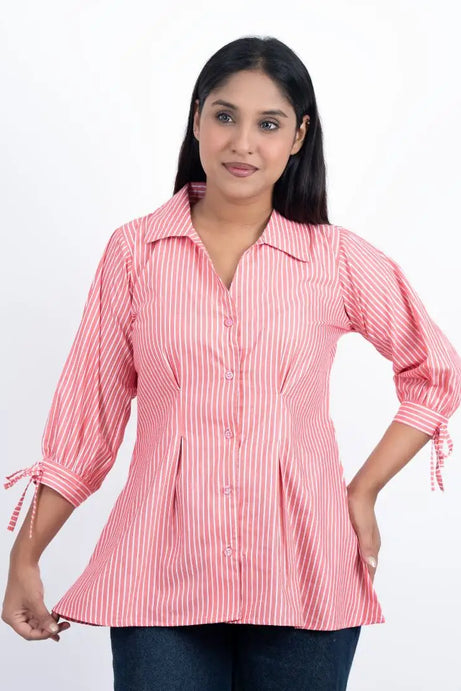 Fitted Waist Puff Sleeve -  Pink White Stripe (201)