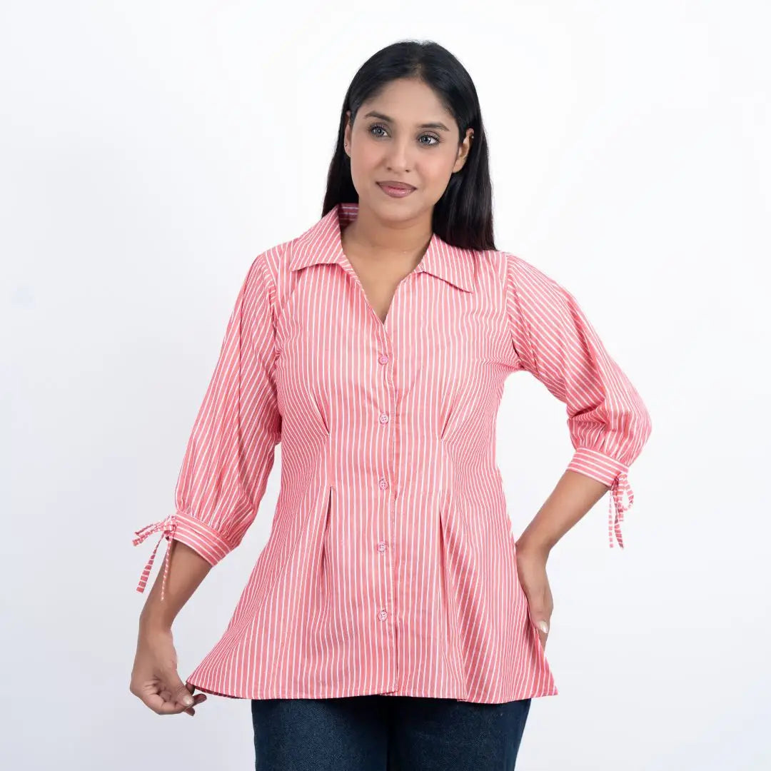 Fitted Waist Puff Sleeve -  Pink White Stripe (201)