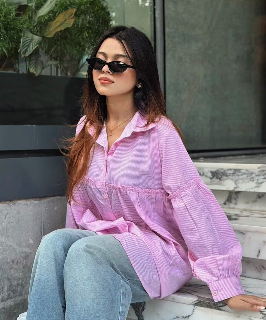Pink Pinstripe Gathered Shirt(204)