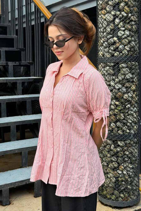 Gingham Short Puff Sleeves Embossed – Pink (203)