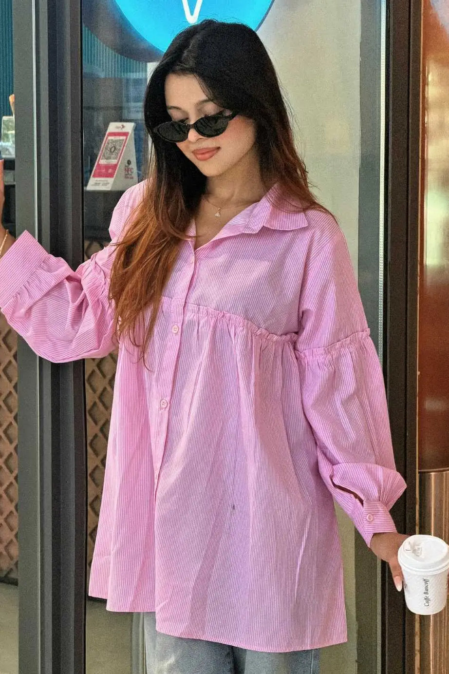 Pinstripe Gathered Shirt Pink (204)