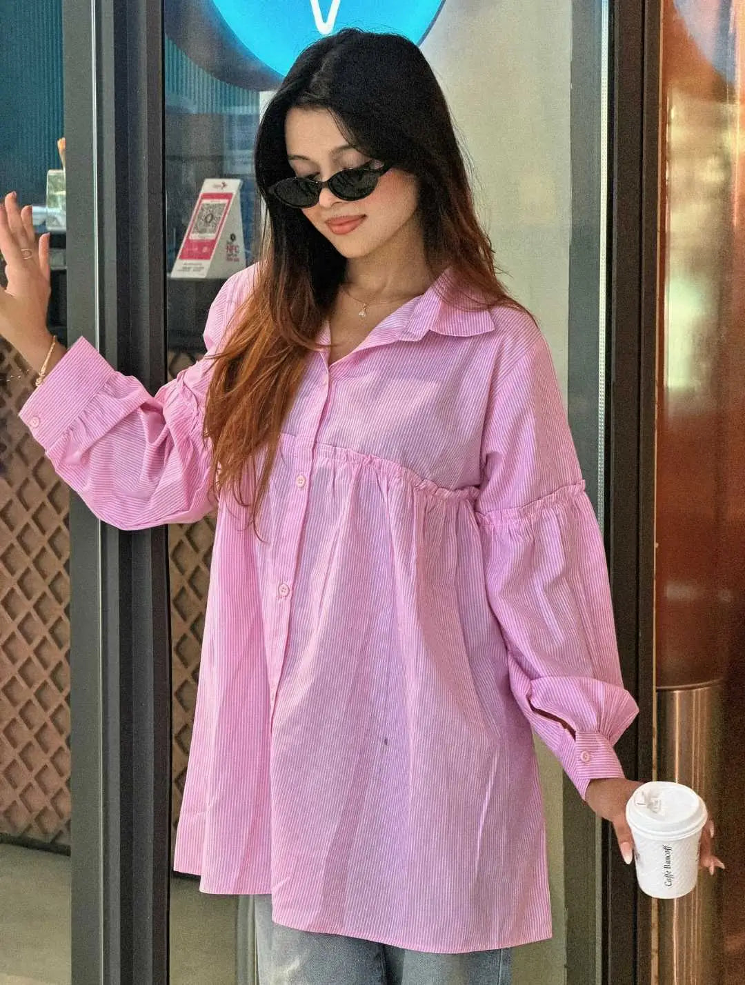Pinstripe Gathered Shirt Pink (204)