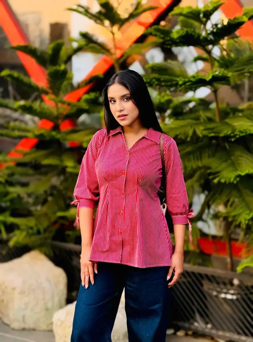 Fitted Waist Puff Sleeve – Marron White Stripe Shirt (201)