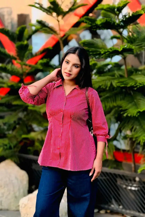 Fitted Waist Puff Sleeve – Marron White Stripe Shirt (201)