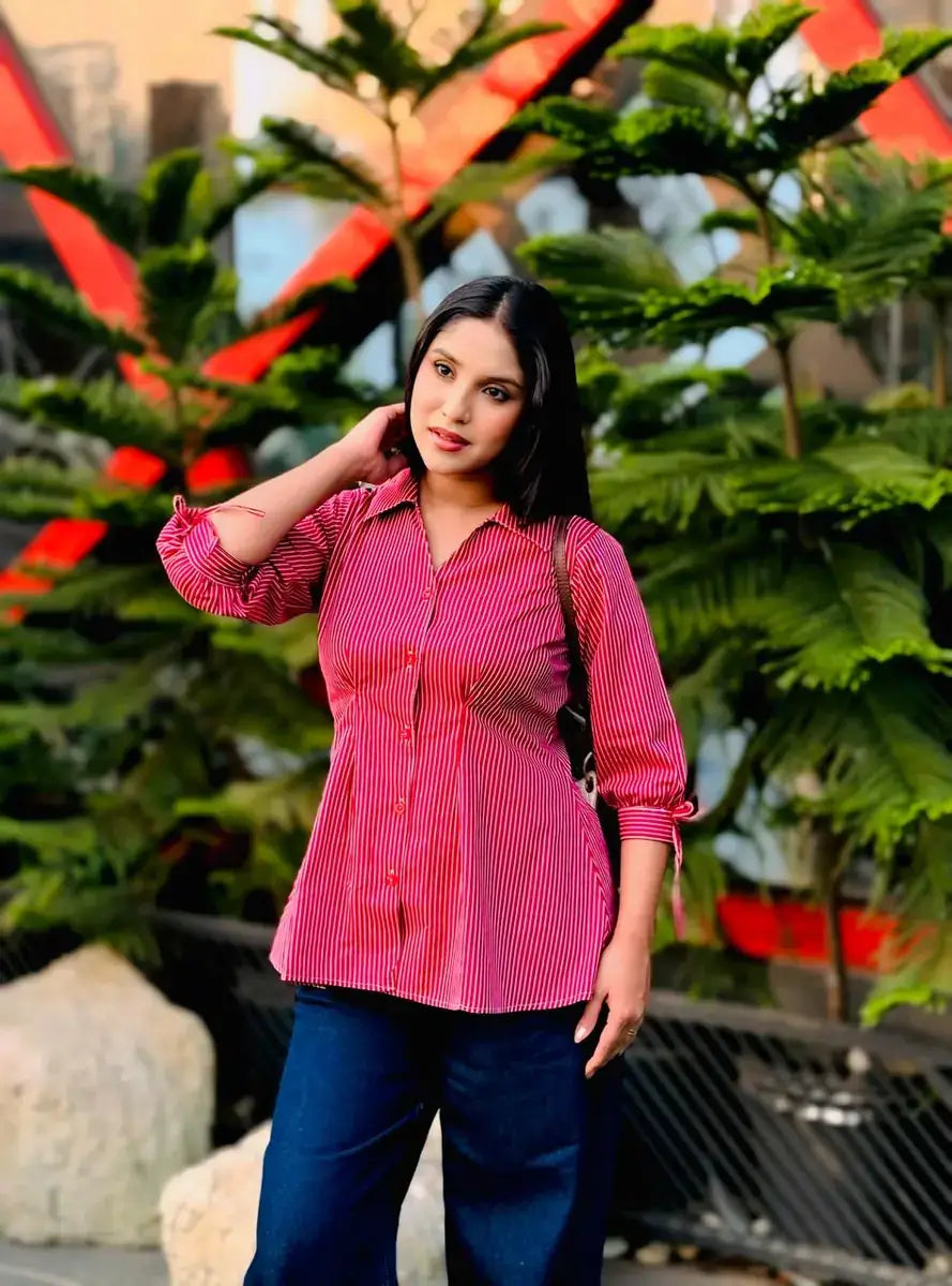 Fitted Waist Puff Sleeve – Marron White Stripe Shirt (201)