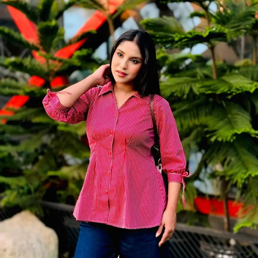 Fitted Waist Puff Sleeve – Marron White Stripe Shirt (201)