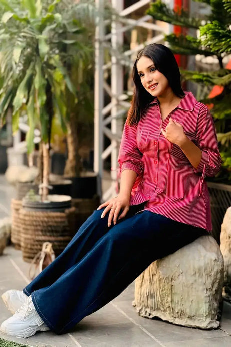 Fitted Waist Puff Sleeve – Marron White Stripe Shirt (201)