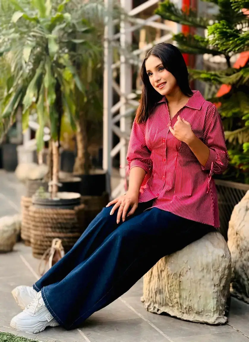Fitted Waist Puff Sleeve – Marron White Stripe Shirt (201)