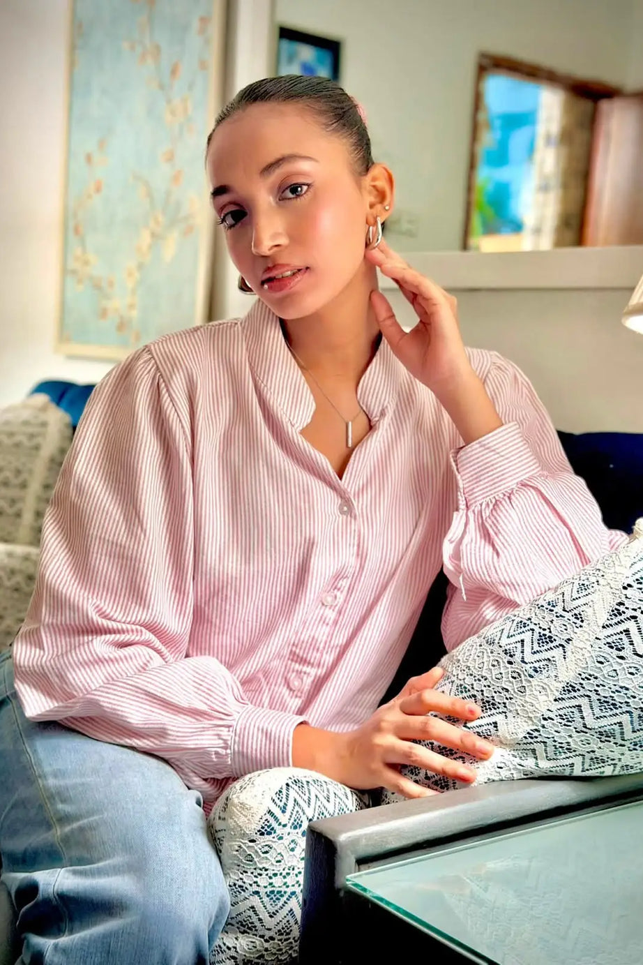 Tie-Neck Stripe Shirt – Rose Mauve (202)