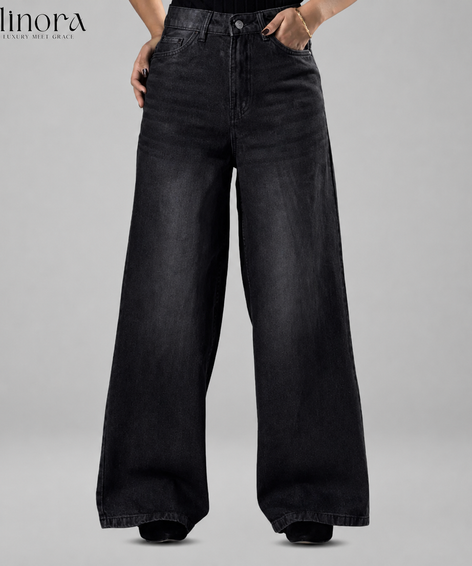 Classic Ash Black High Waist Wide Leg Soft Denim (1006)