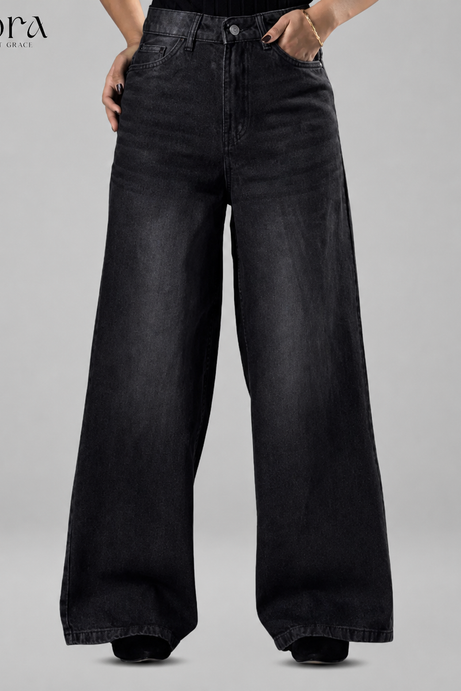 Classic Ash Black High Waist Wide Leg Soft Denim (1006)