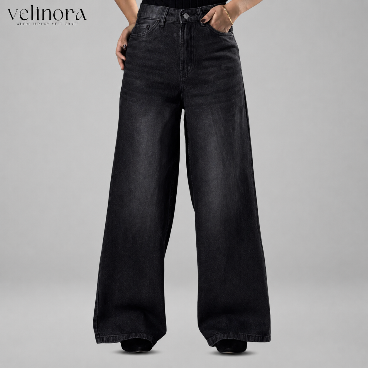 Classic Ash Black High Waist Wide Leg Soft Denim (1006)