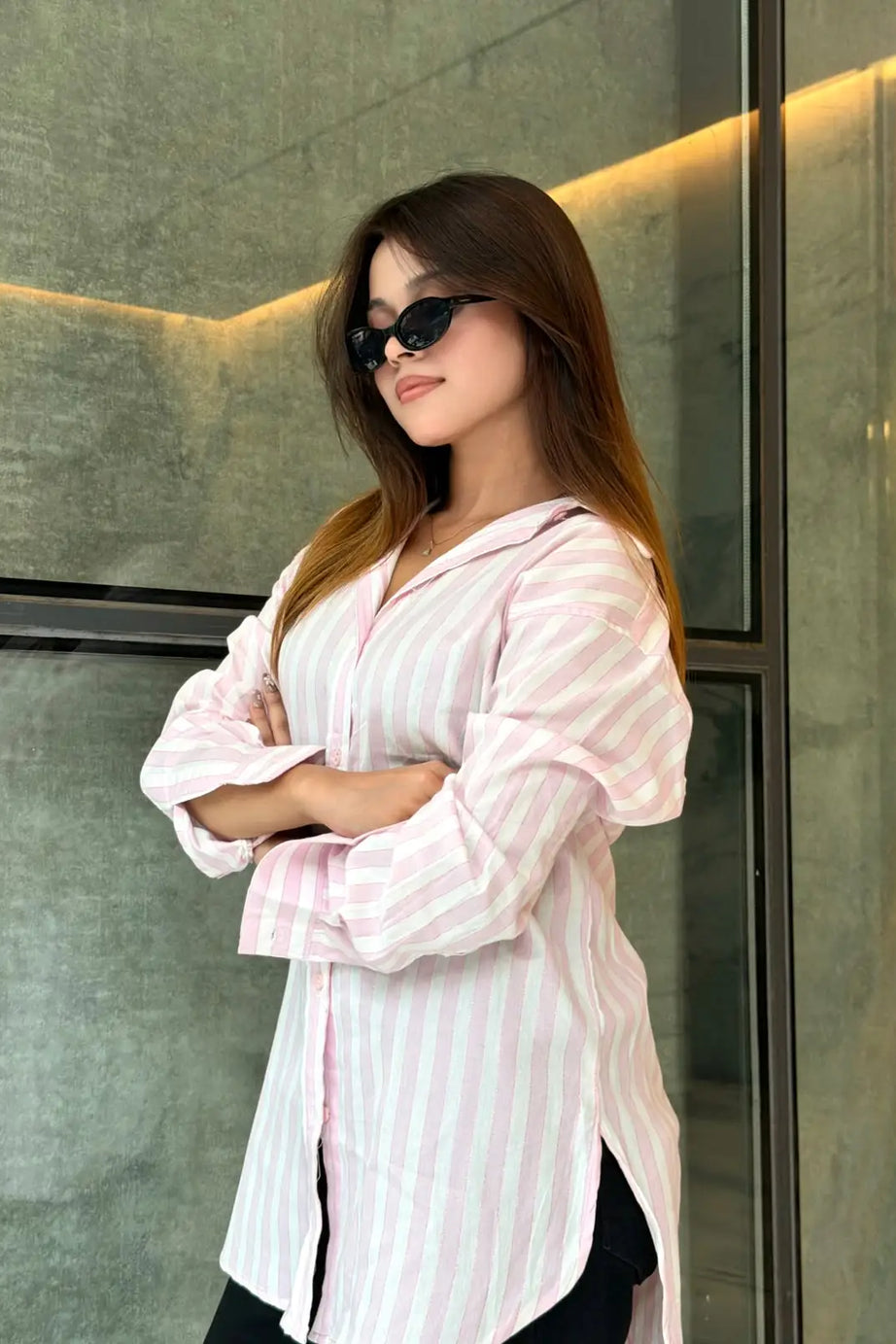 Pink & White Classic Longline Shirt(206)