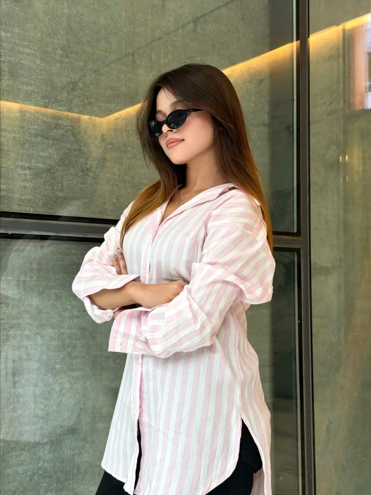 Pink & White Classic Longline Shirt(206)