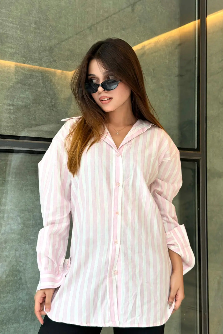 Pink & White Classic Longline Shirt(206)