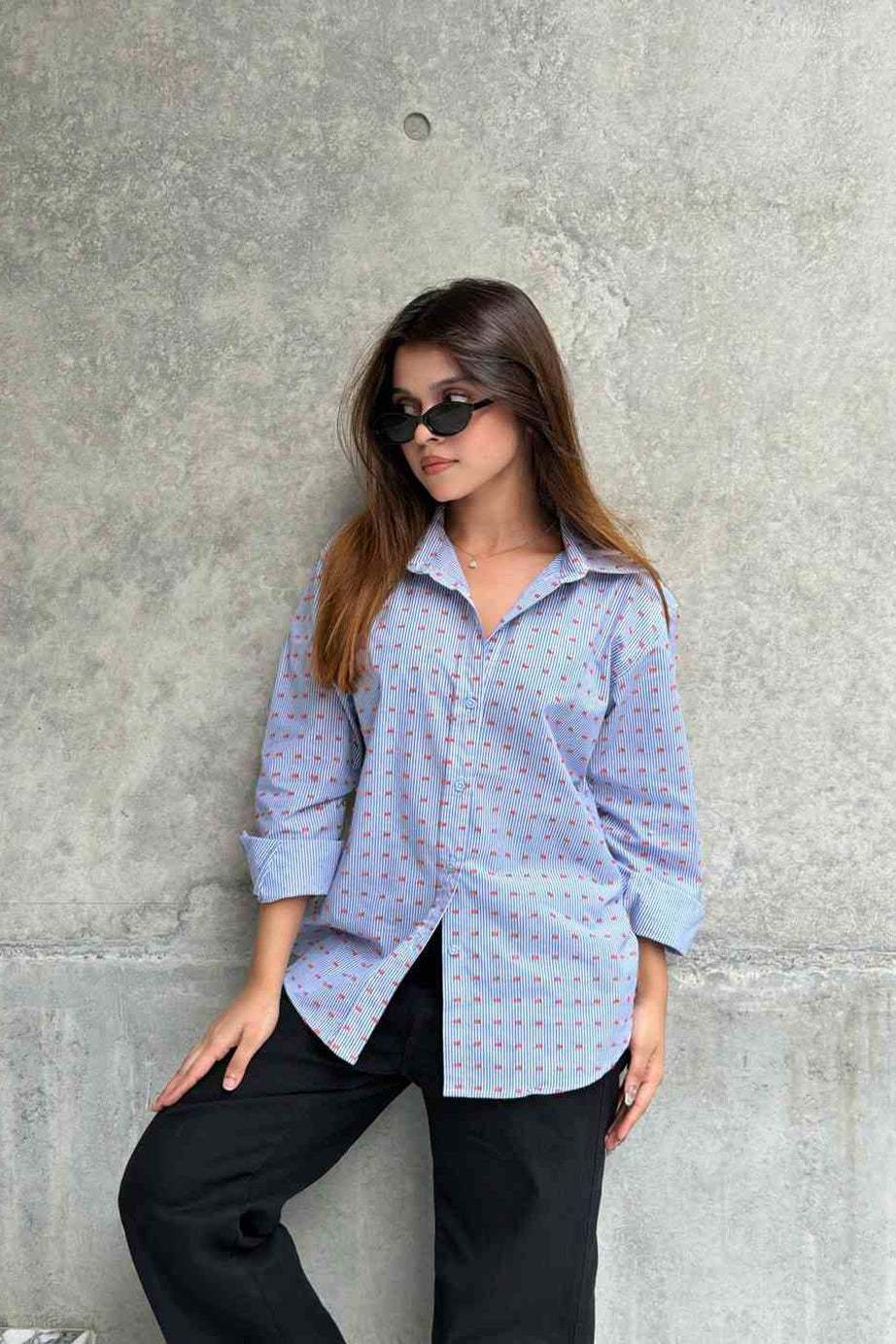Orange Blue Two-Way Button Stripe Shirt (205)