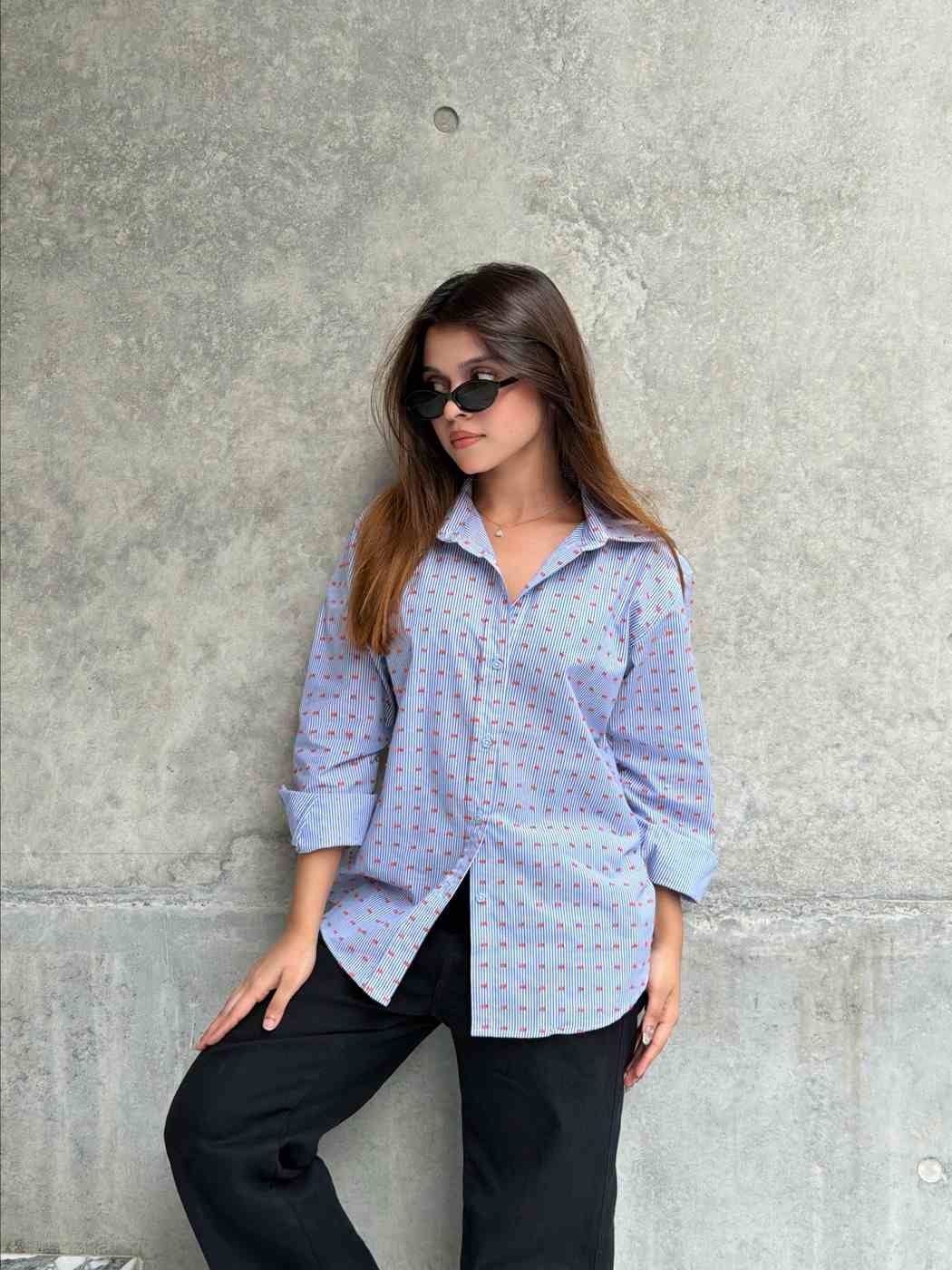 Orange Blue Two-Way Button Stripe Shirt (205)