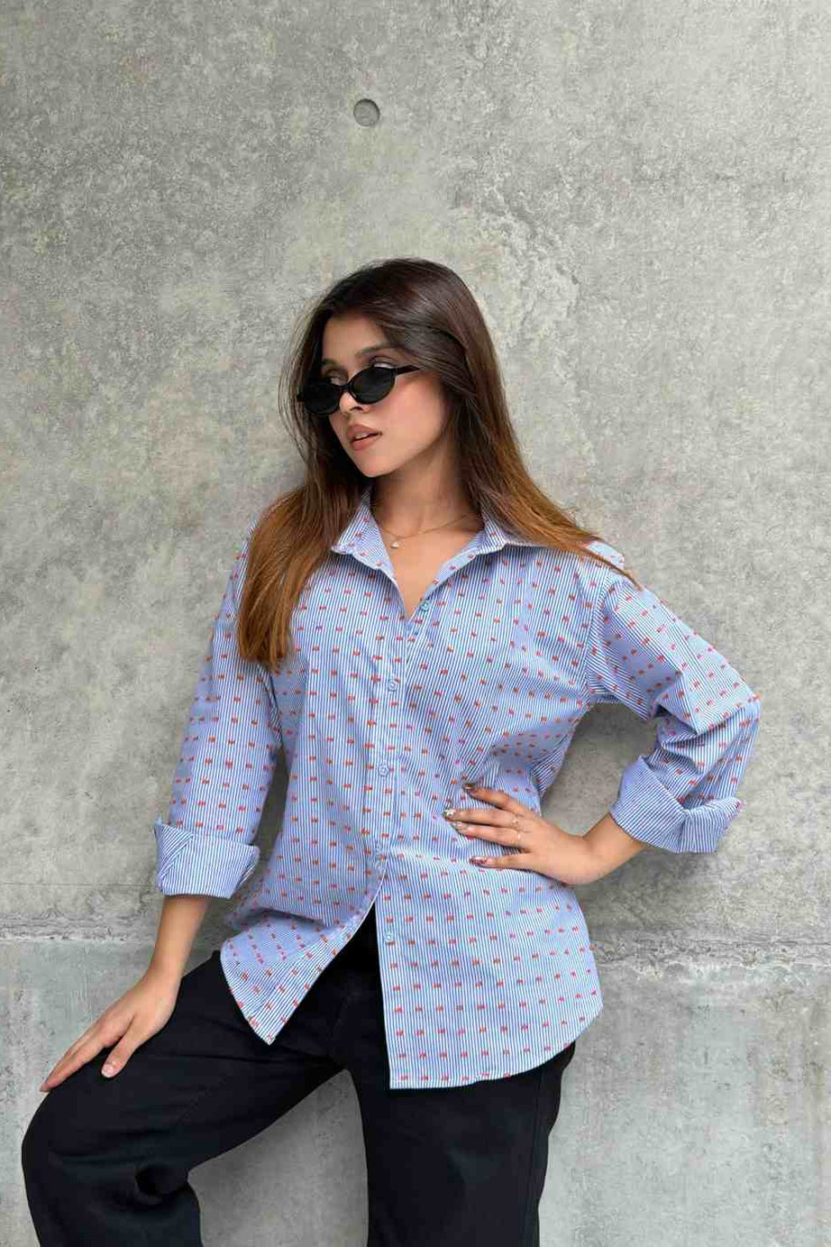Orange Blue Two-Way Button Stripe Shirt (205)