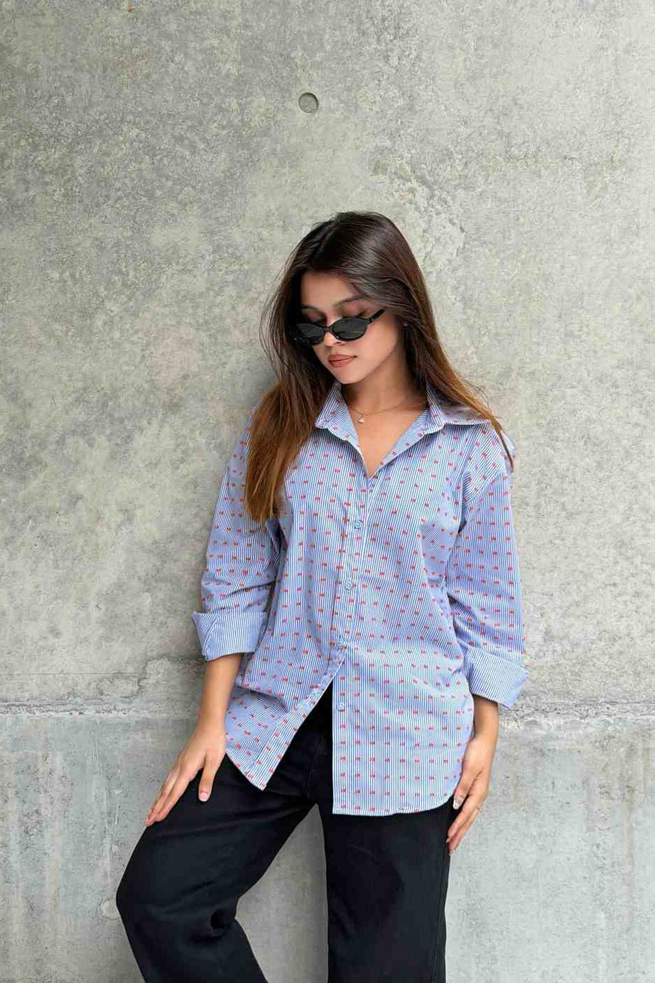 Orange Blue Two-Way Button Stripe Shirt (205)