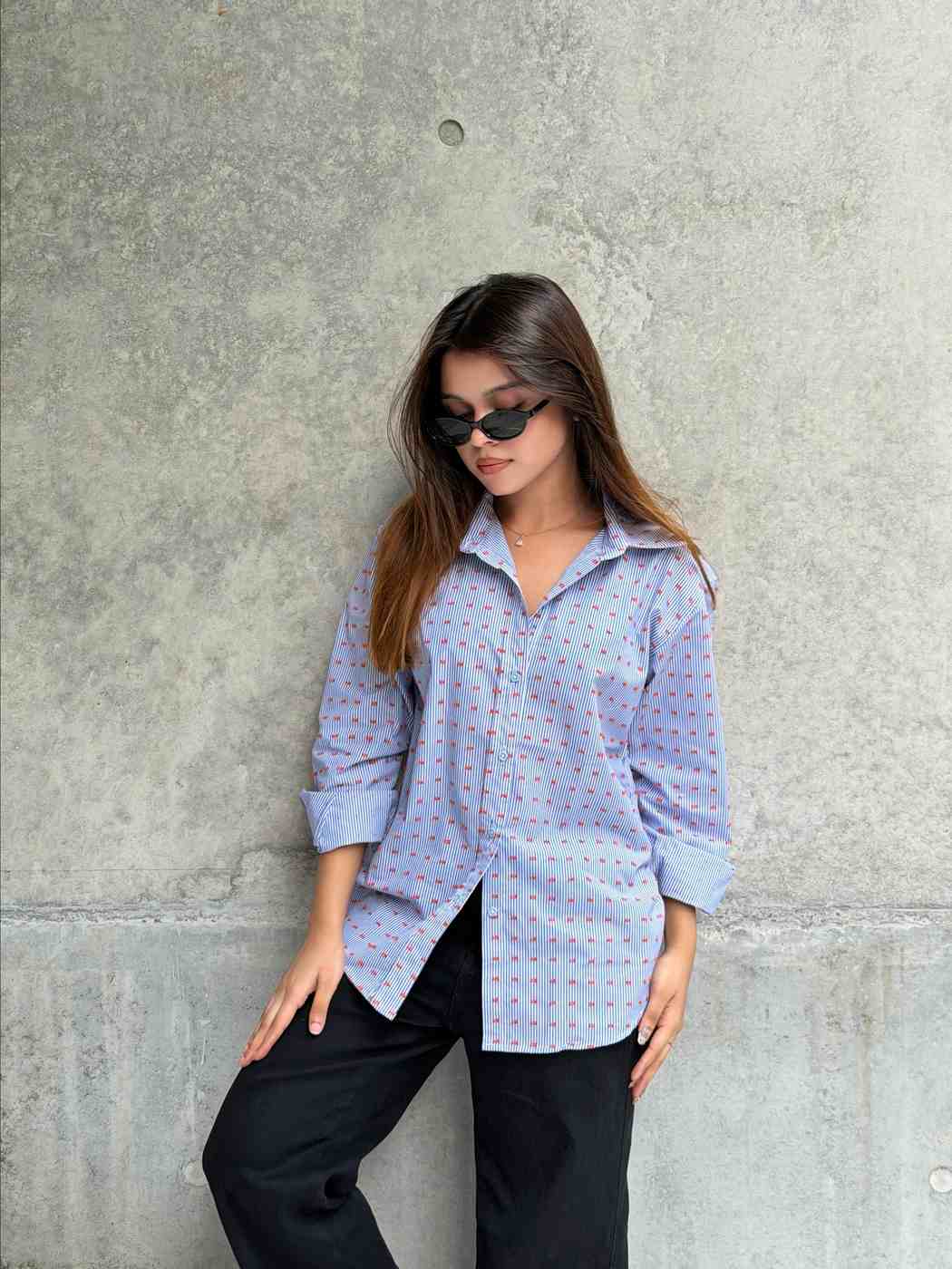 Orange Blue Two-Way Button Stripe Shirt (205)