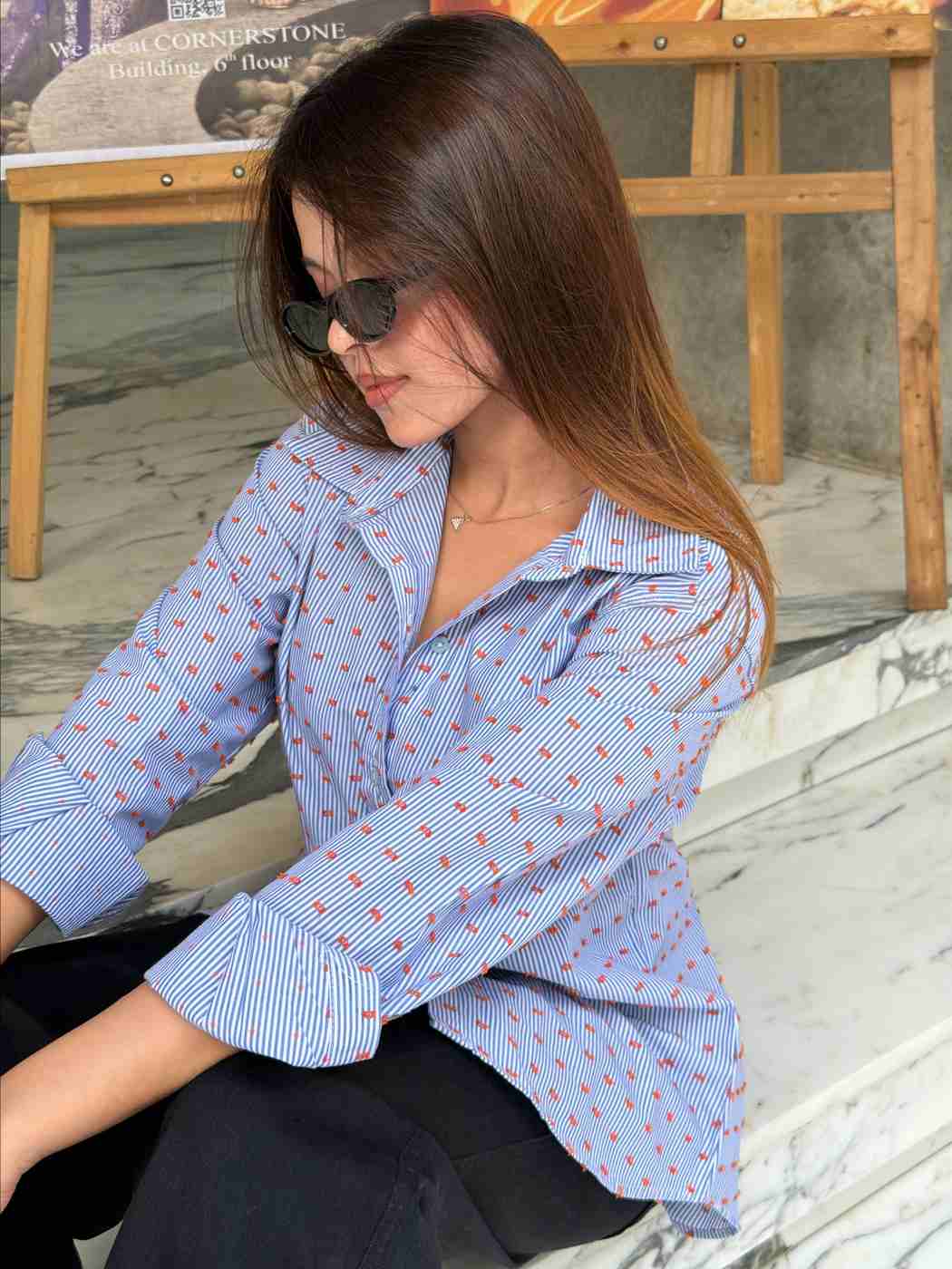 Orange Blue Two-Way Button Stripe Shirt (205)