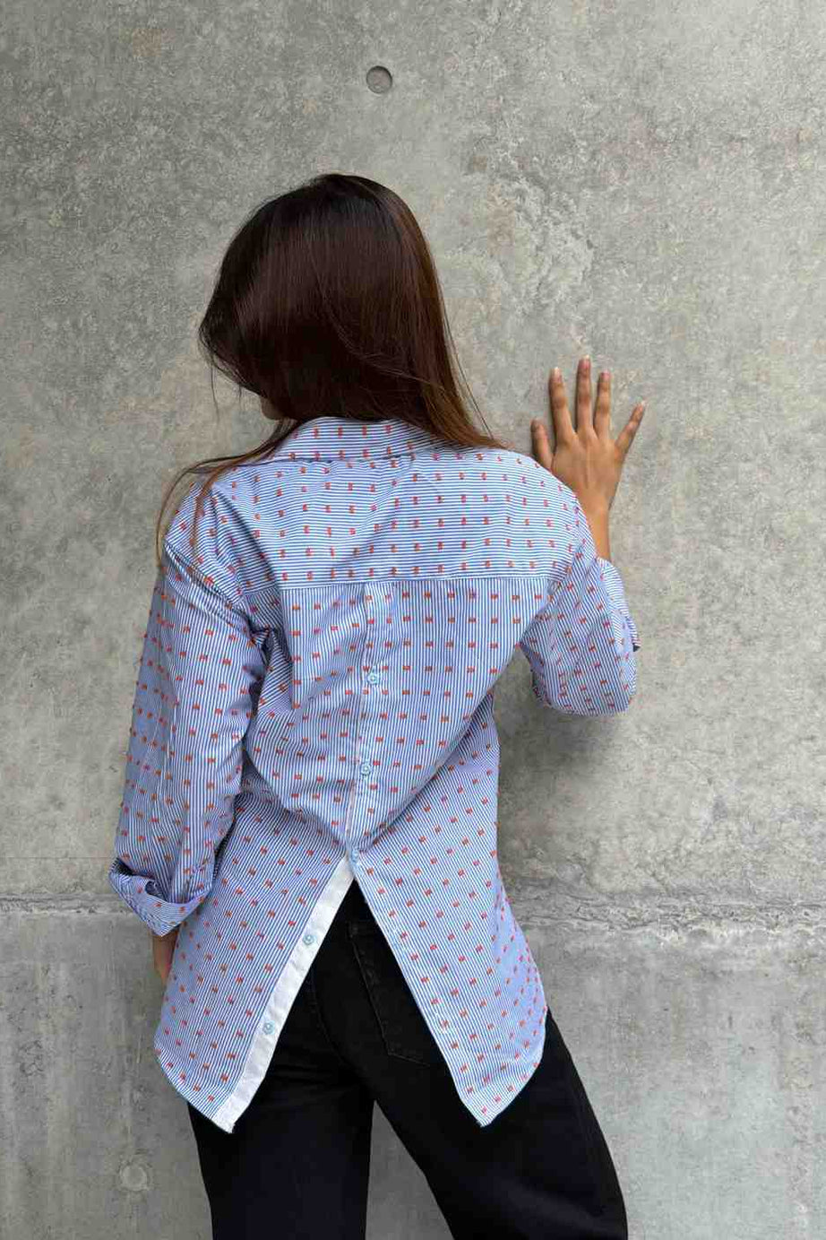 Orange Blue Two-Way Button Stripe Shirt (205)