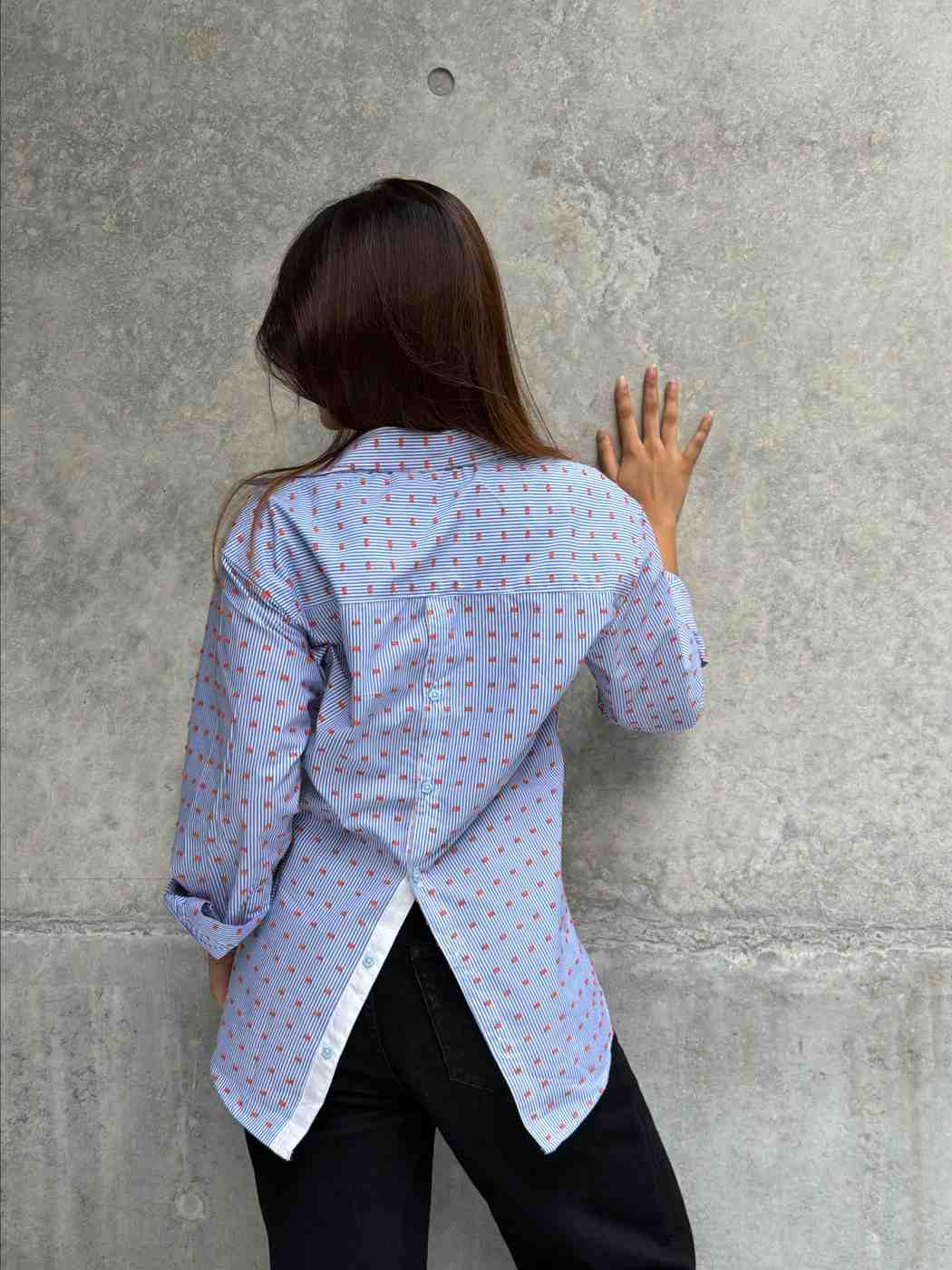 Orange Blue Two-Way Button Stripe Shirt (205)