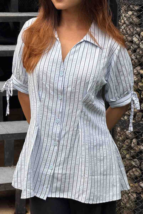 Gingham Short Puff Sleeves Embossed – Sky Blue (203)